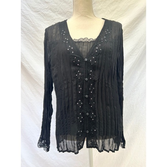 Notations Blouse XL Black Sheer Long Sleeve Lace Sequin Button Down Top Witchy - Picture 1 of 8